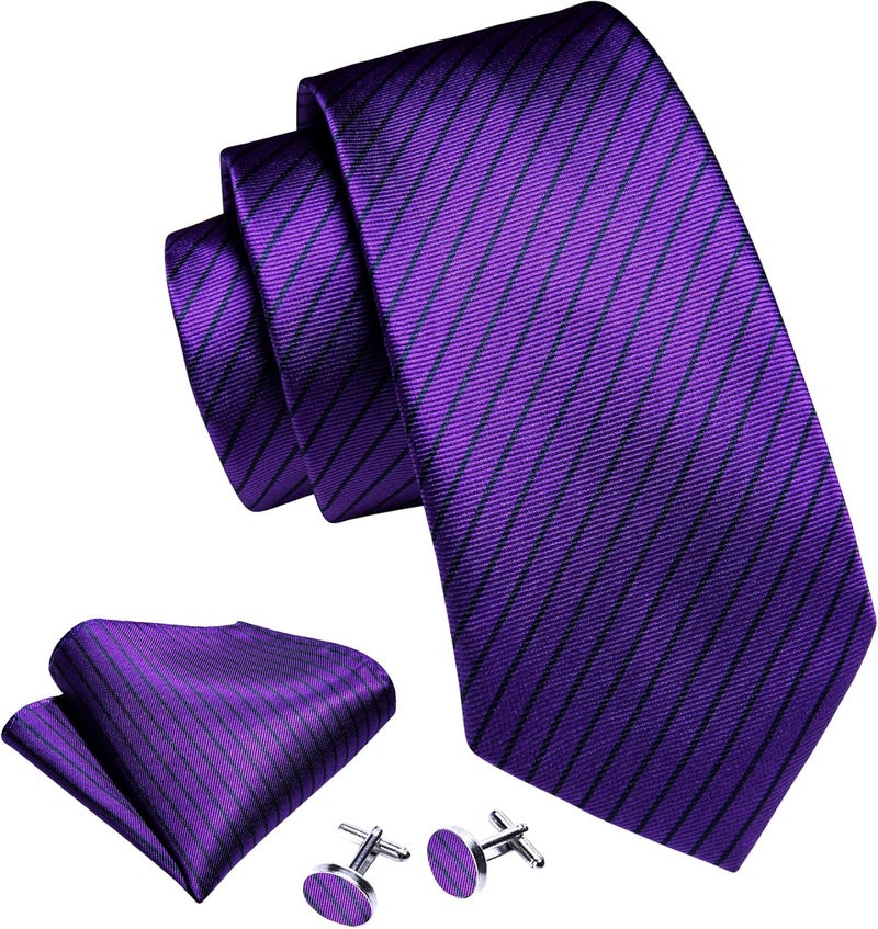 Barry.Wang Store Tie Sets for Men Silk Stripe Necktie Woven Checkered Handkerchief Cufflinks Formal Business Wedding - Image 2